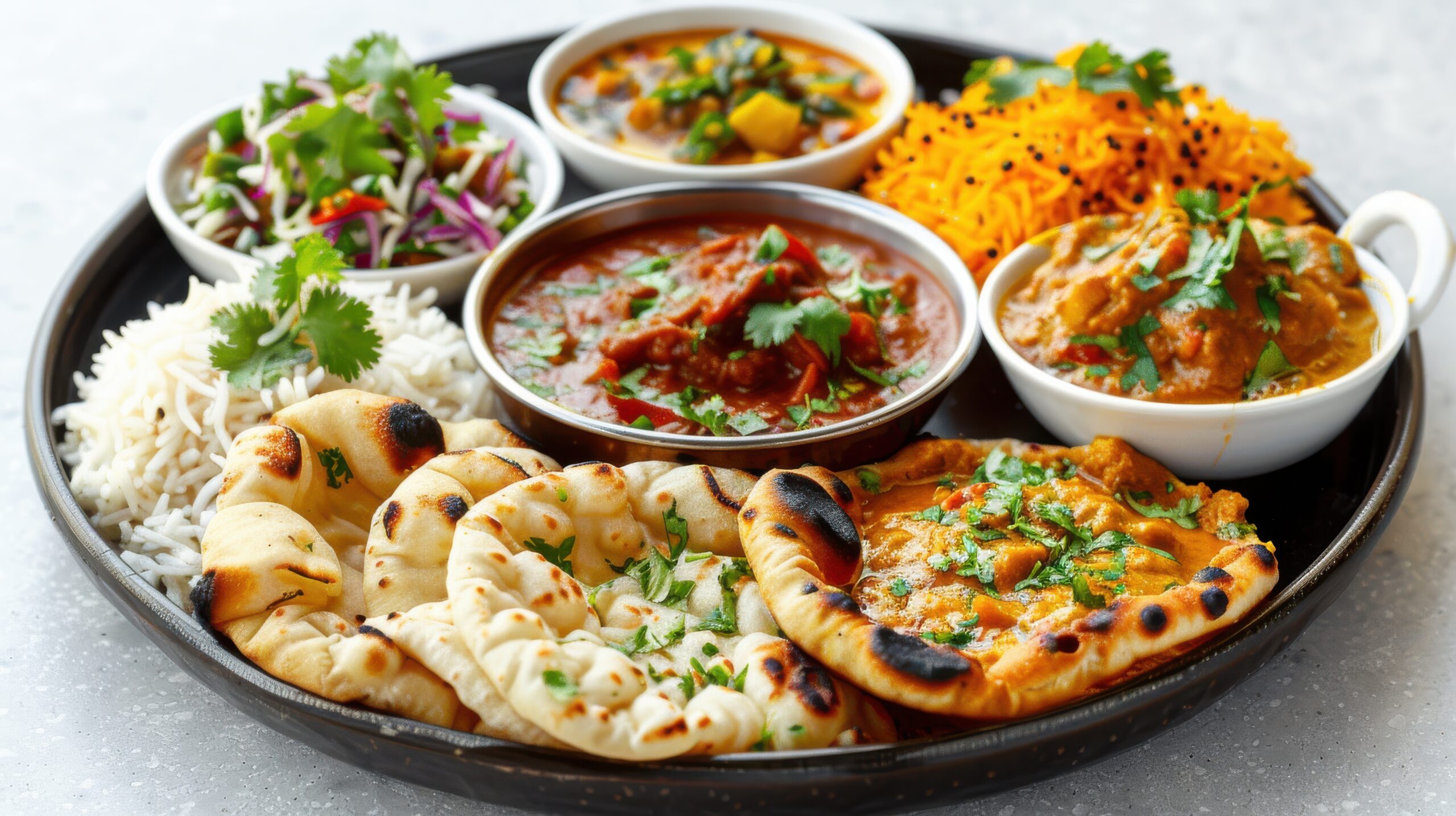 Traditional Indian Cuisine Platter Featuring Diverse Dishes at a Restaurant Table.